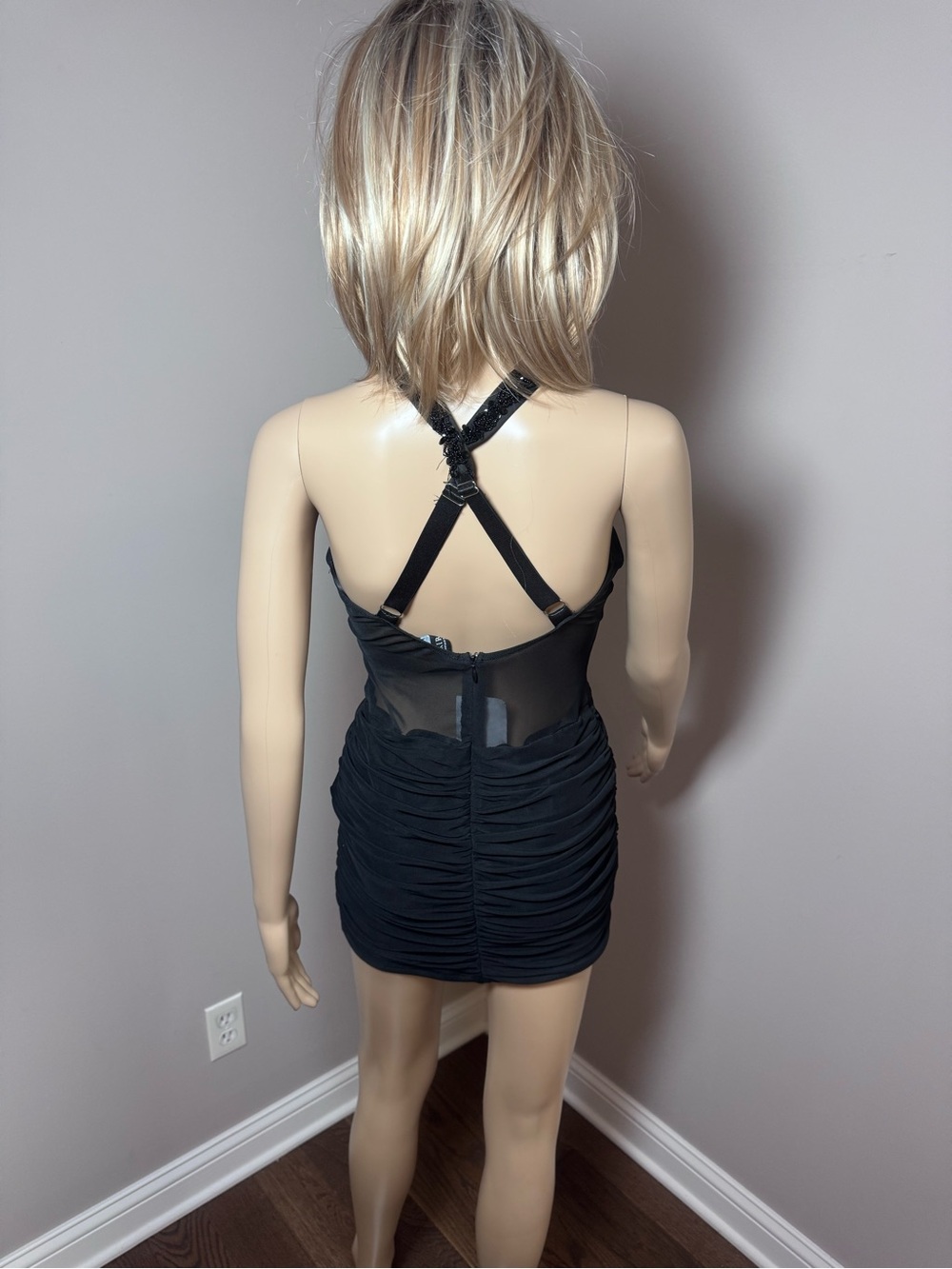 Black Halter Cutout Mini Dress Sheer Mesh Ruched Bodycon NWT Size Medium - Picture 5 of 6